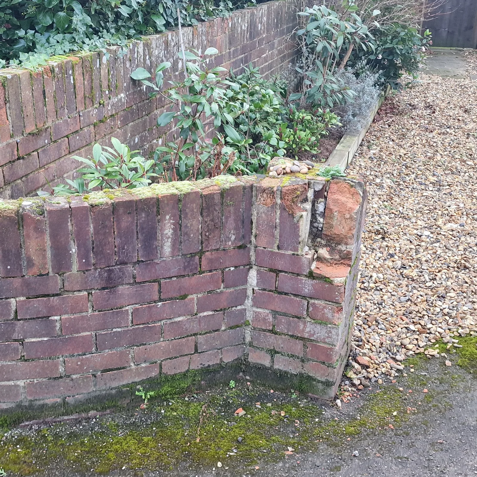 The garden wall before repair, showing worn brickwork and a damaged pillar